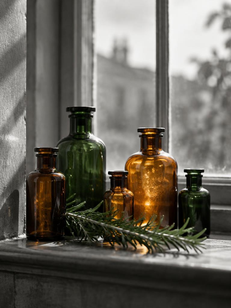 Amber and green apothecary bottles with a sprig of rosemary on a stone windowsill