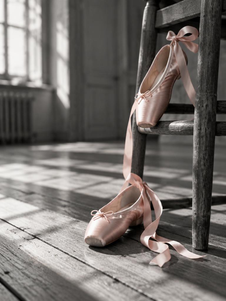 Soft blush ballet slippers with ribbons resting on a wooden floor and chair rung