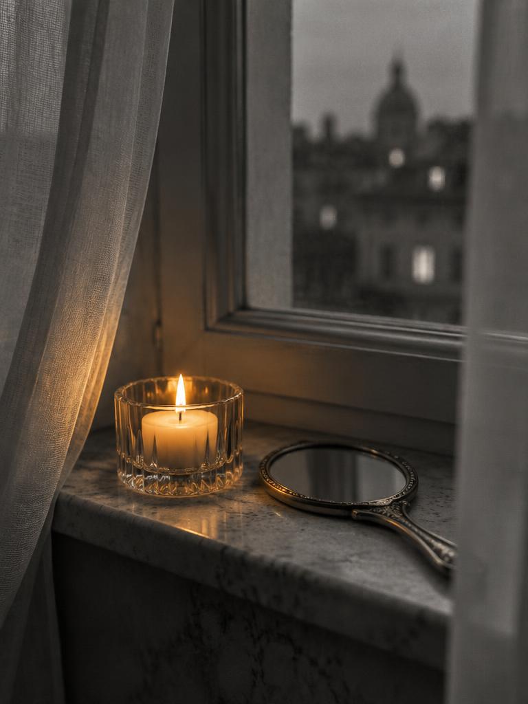 A lit candle in a glass holder beside a brass hand mirror on a stone window sill at dusk