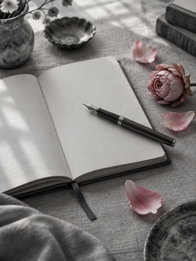 An open notebook with a fountain pen and scattered blush peony petals