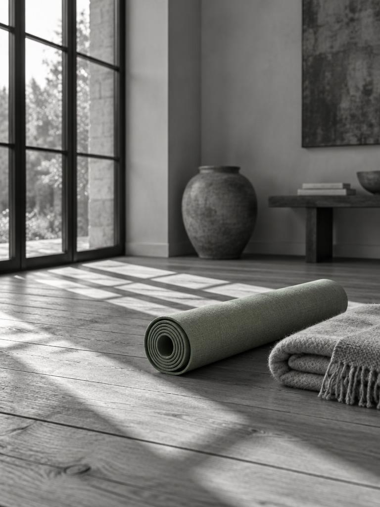 A rolled sage linen yoga mat and a folded wool blanket on a sunlit wooden floor