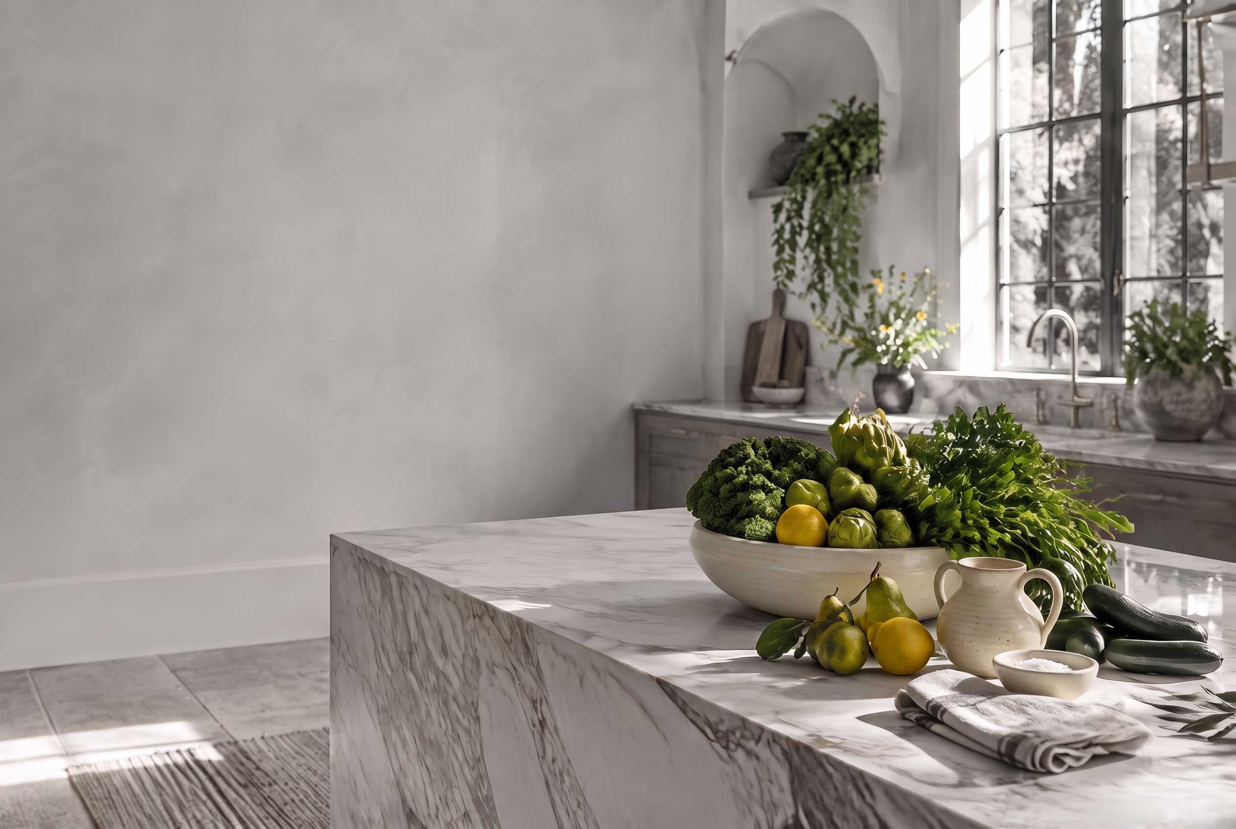 A sunlit marble kitchen with a bowl of fresh seasonal greens and pears