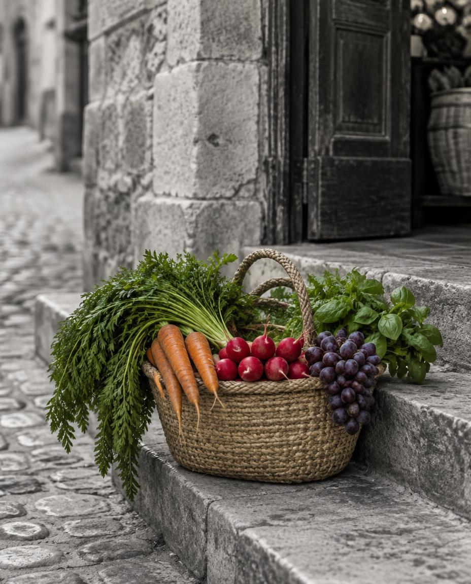 A woven market basket filled with leafy carrots, radishes, grapes and herbs on worn stone steps