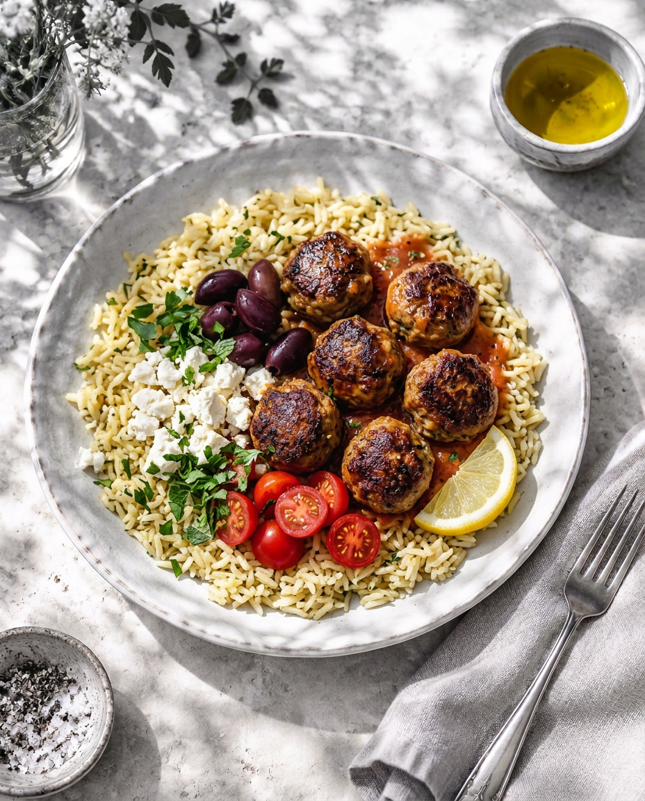 Plated Greek meatballs over lemon-herb rice with feta, Kalamata olives, cherry tomato and fresh parsley