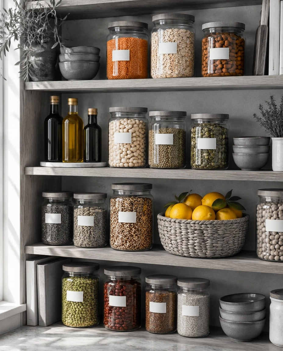 An organized pantry with glass jars of nourishing staples