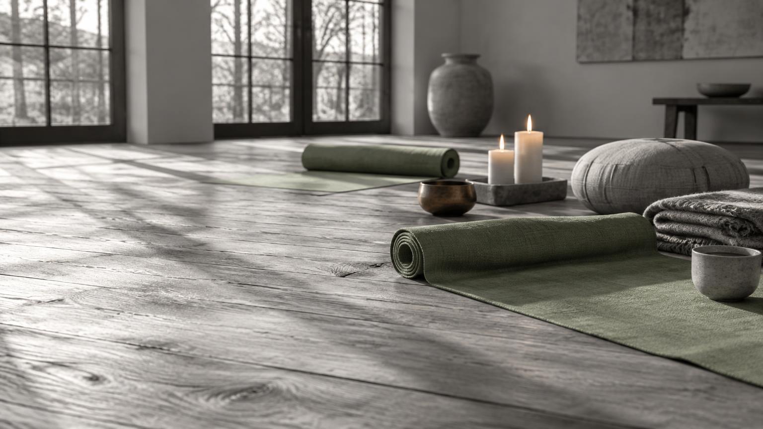 A yoga set-up arranged on a wide plank wooden floor: rolled linen mats, a folded blanket, a cushion and lit candles in soft morning light